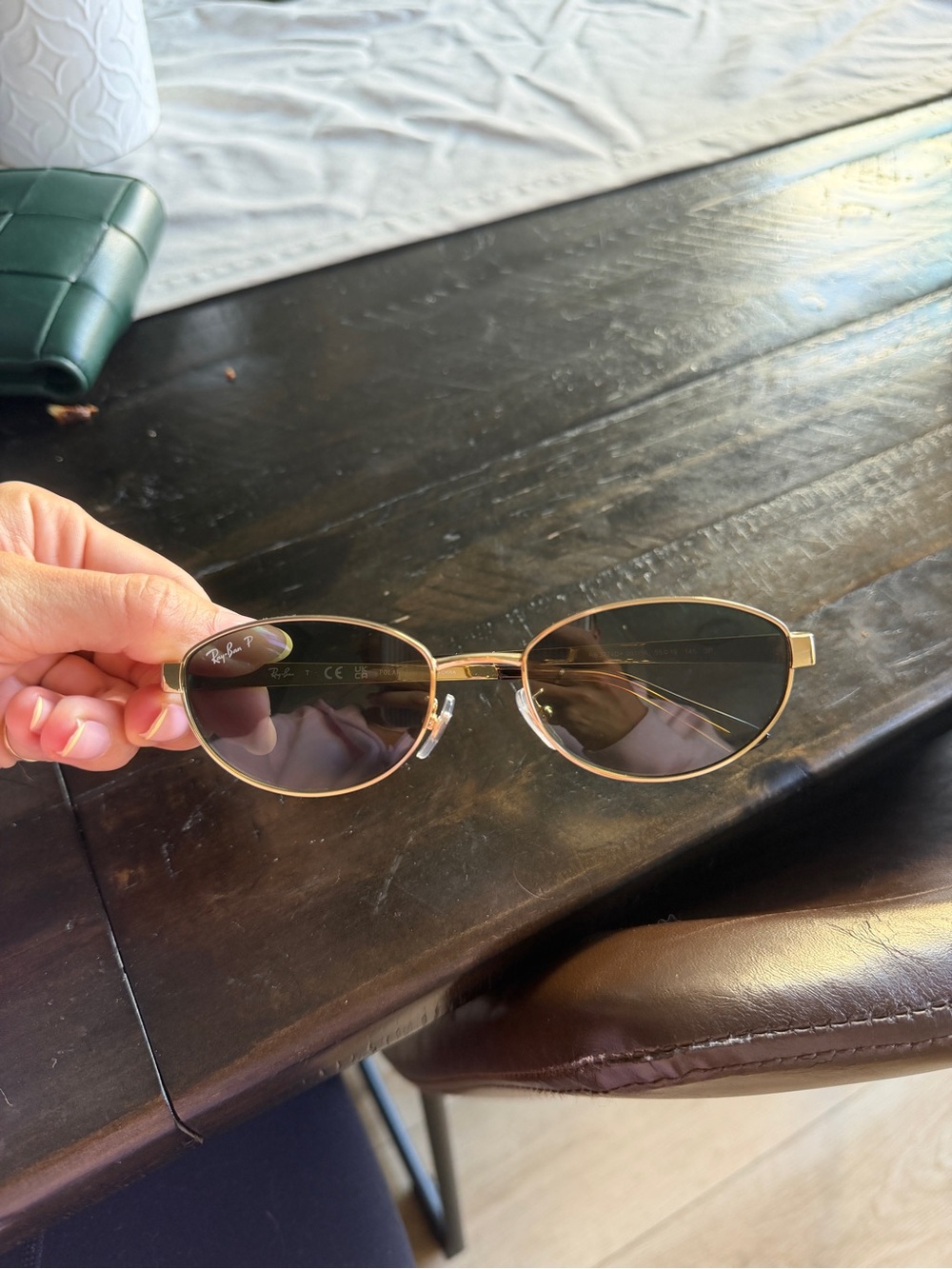 Ray-Ban Women's Gold Frame Oval Sunglasses with Green Polarized Lenses